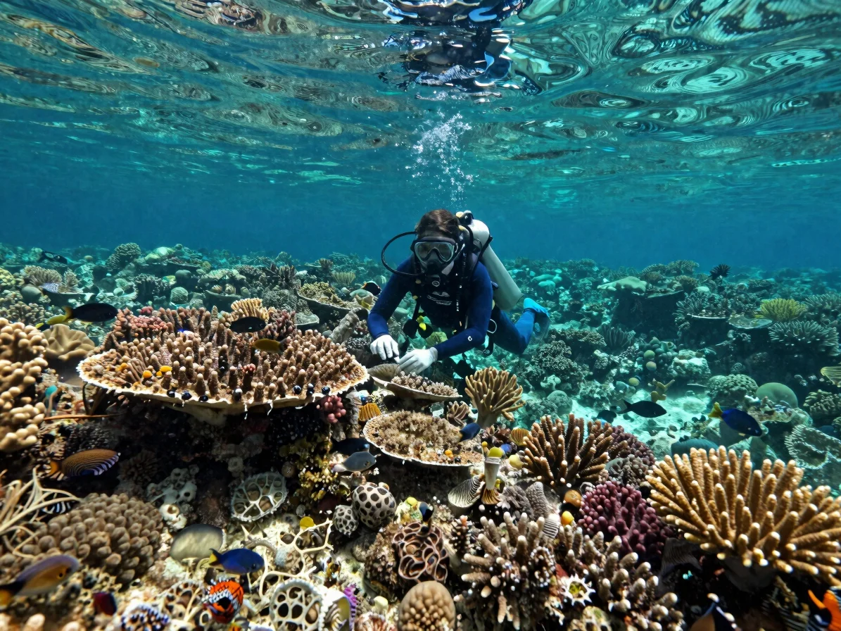 Vibrant coral reef teeming with marine life in clear Florida Keys