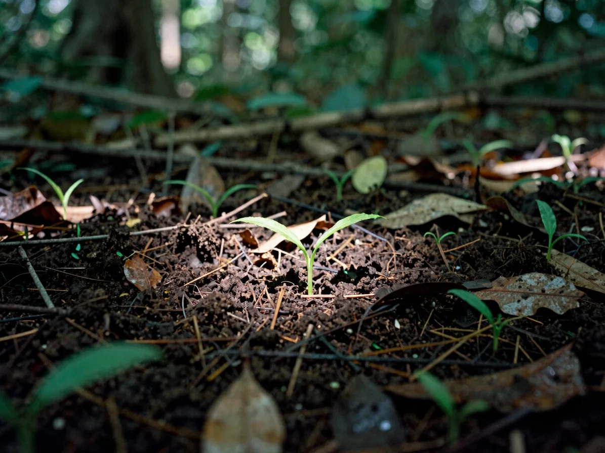 Close-up of rich, dark forest soil with emerging green shoots and