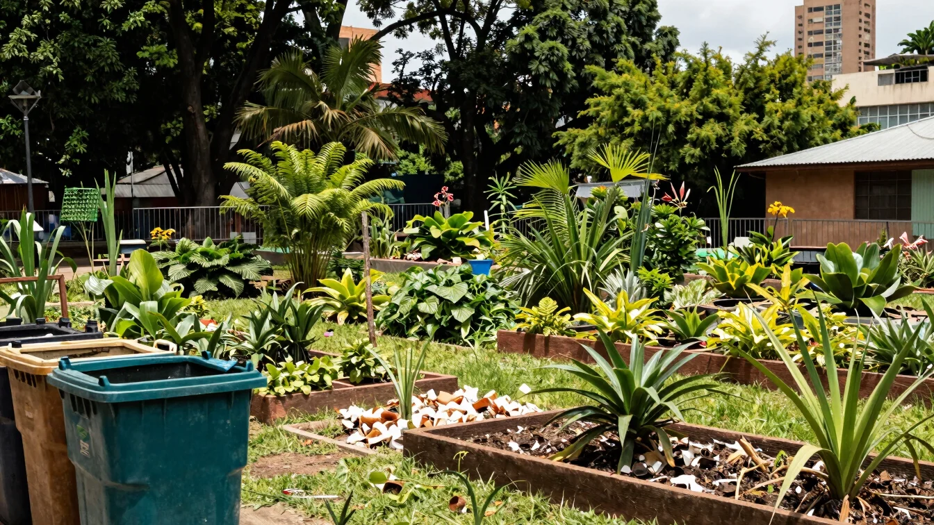 Community garden with composting bins, organic waste, and lush plants in a Latin American city, warm natural daylight