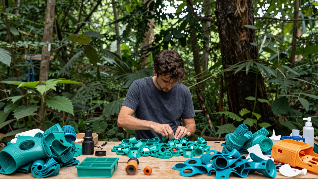 Artisan working with recycled plastic materials to create new products, vibrant colors, workshop setting