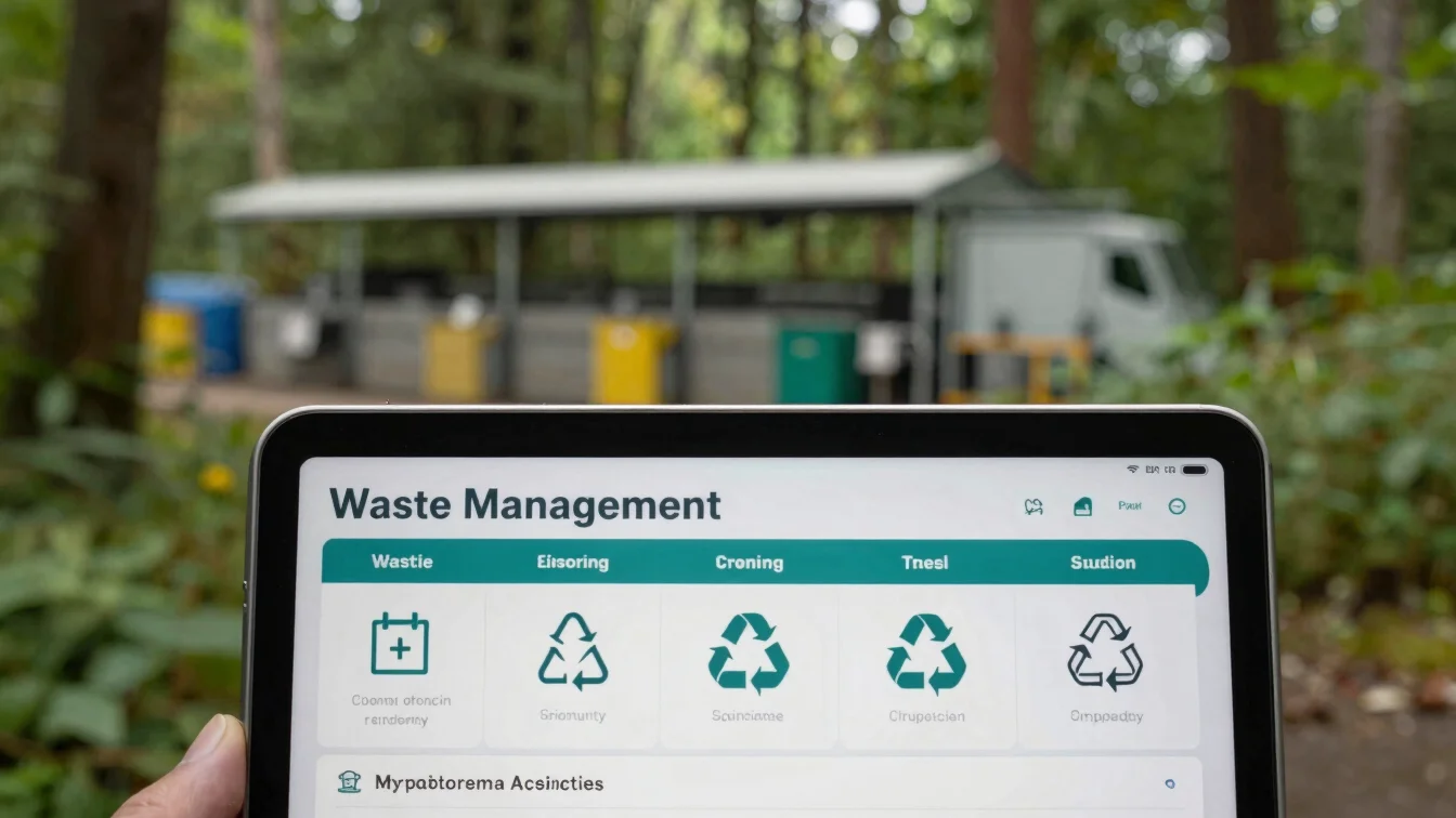 Close-up of a tablet screen showing waste management data, with a blurred background of a recycling facility