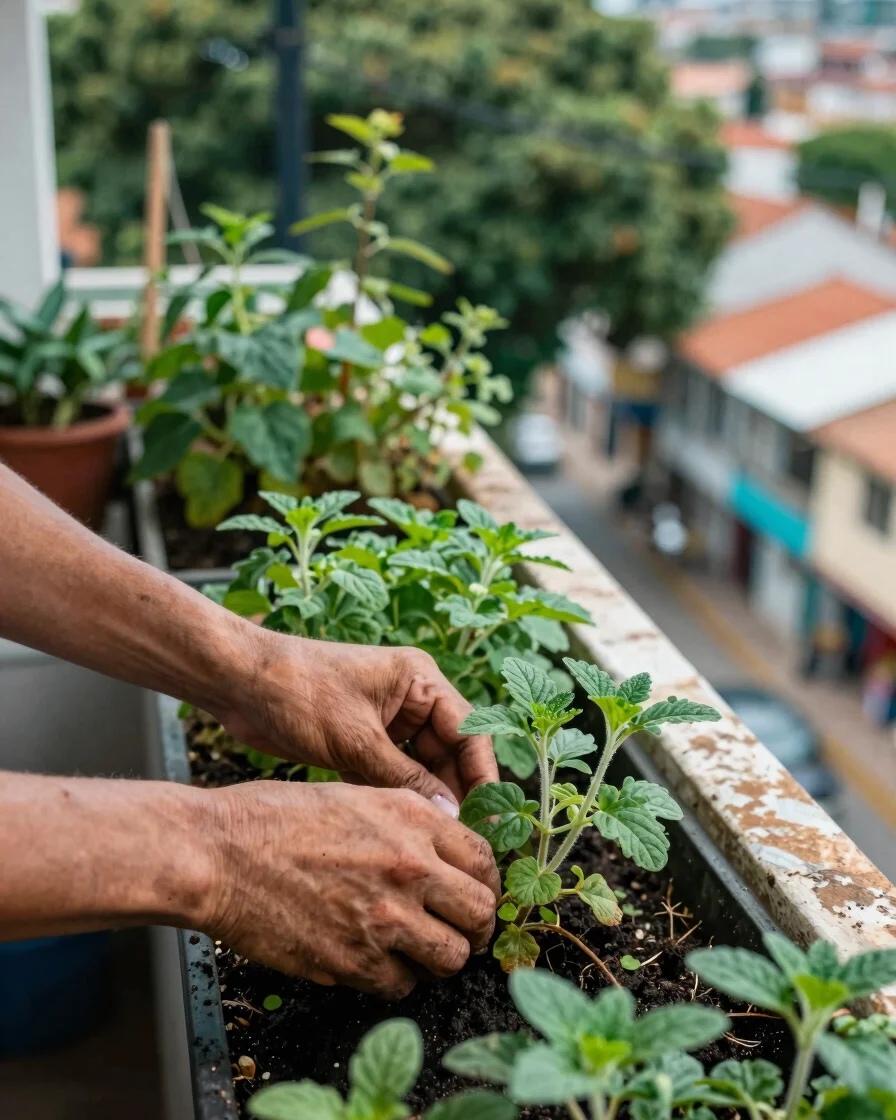 Close-up of hands tending to a small, vibrant herb garden on a balcony, soft natural daylight, sun-dappled textures, in