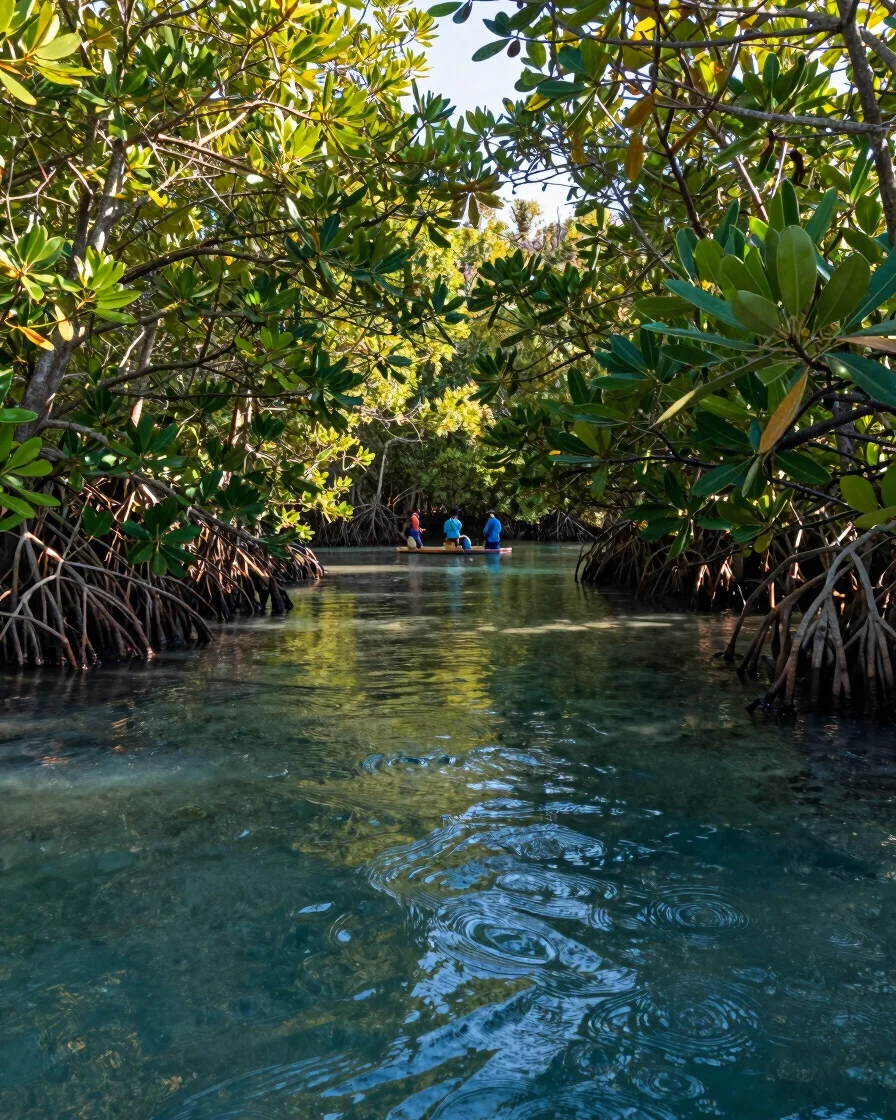Wide panoramic shot of a vibrant mangrove forest restoration site in Quintana Roo, Mexico, with clear blue water and a f