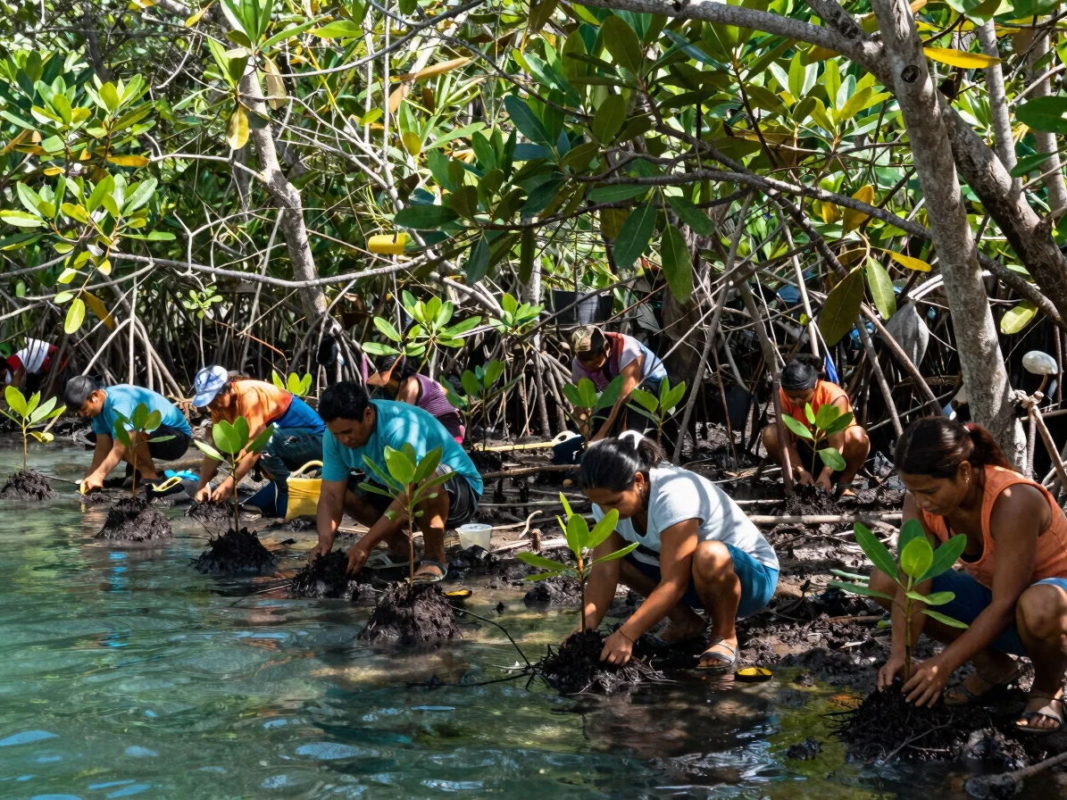 Authentic conservation efforts in a mangrove nursery, showing local community members planting young mangrove saplings i