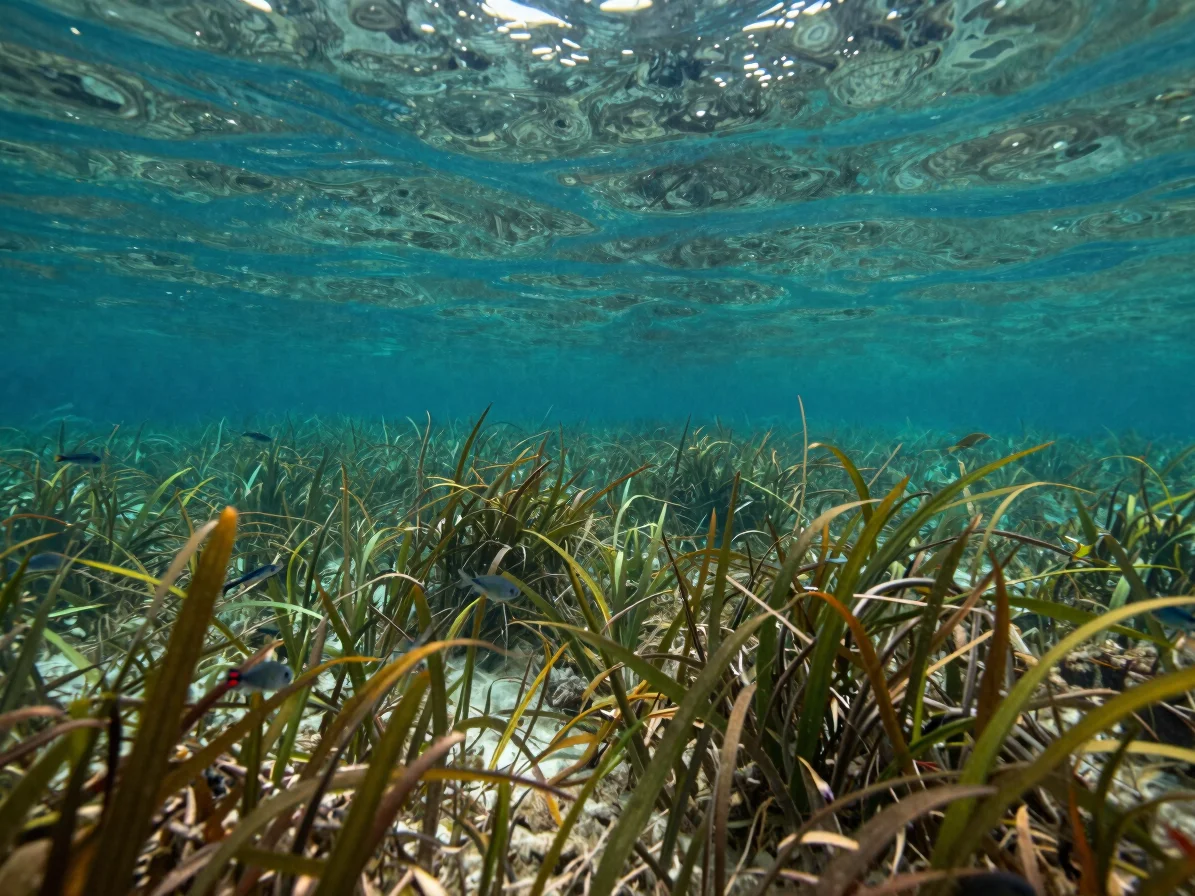Underwater shot of healthy seagrass beds in clear, shallow Florida Bay waters, with small fish swimming through, rich or