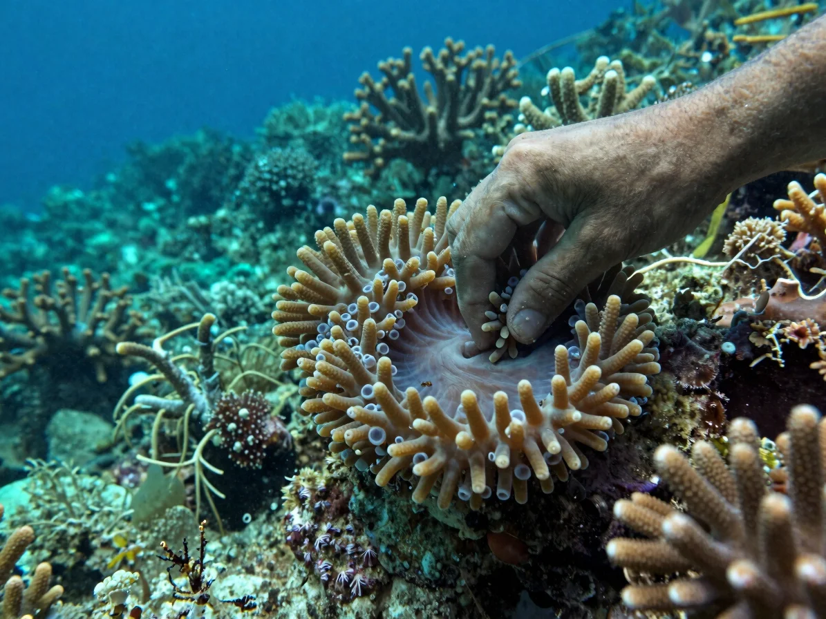 Close-up of vibrant coral polyps being carefully transplanted onto a degraded reef in the Caribbean, rich organic ocean