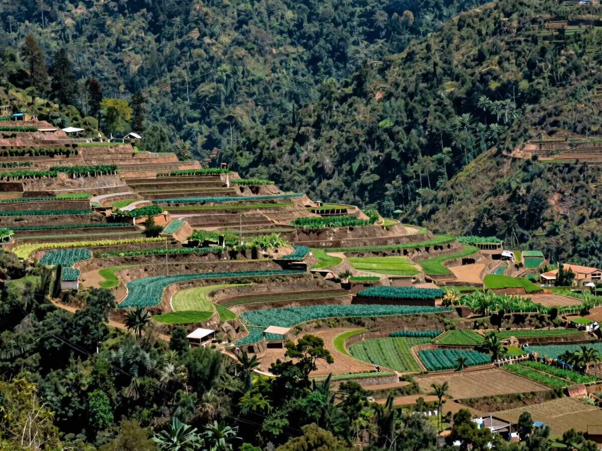 Terraced agricultural fields in the Andes mountains, showing dive