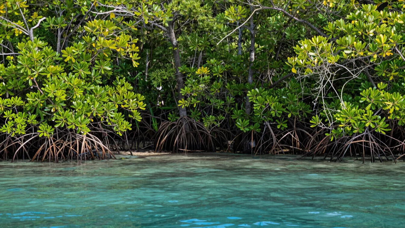 Mangrove forest in Quintana Roo, Mexico, with clear blue water an