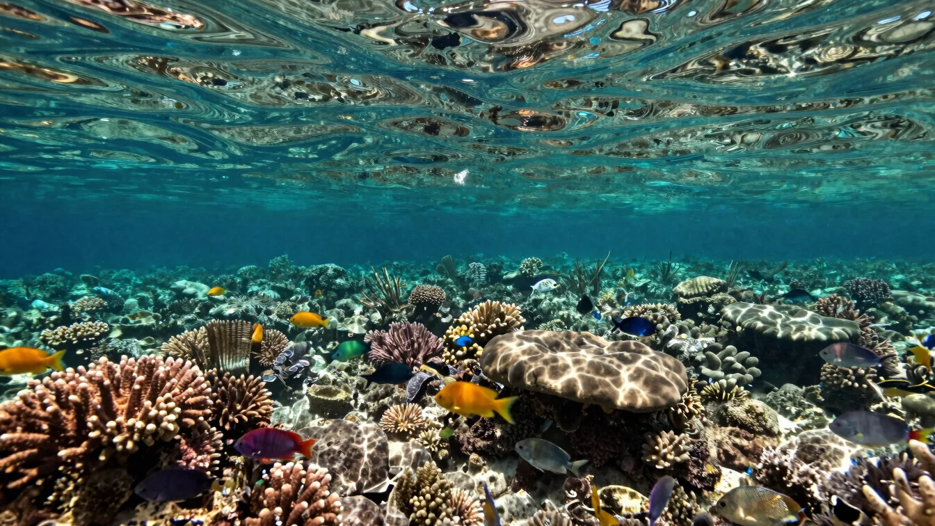 Coral reef ecosystem in the Caribbean, vibrant fish swimming, cle