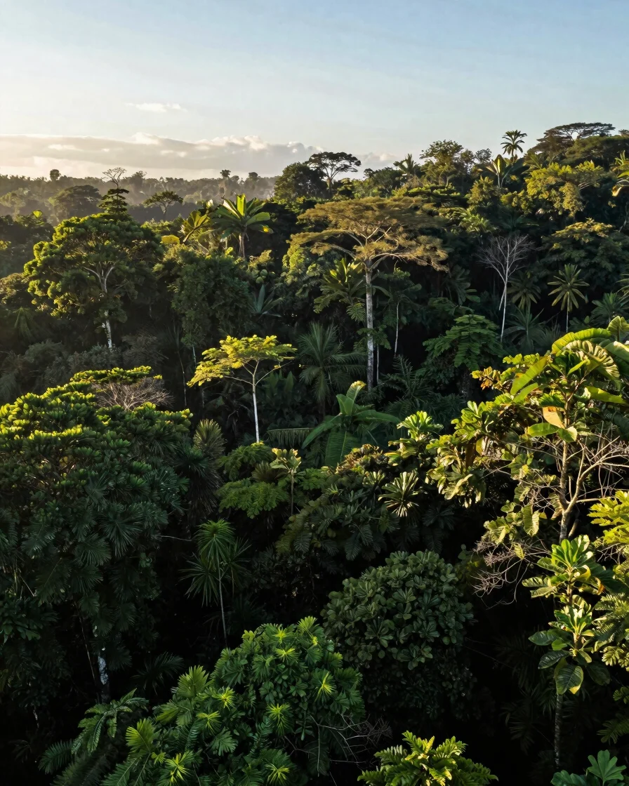 Wide panoramic view of lush, verdant tropical rainforest canopy a