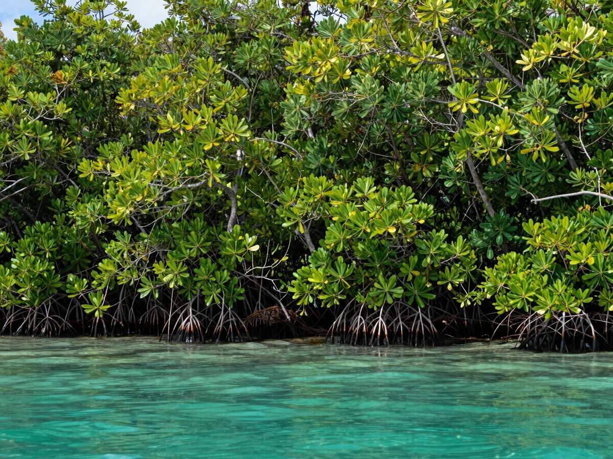 Dense, healthy mangrove forest in Quintana Roo, Mexico, with clea
