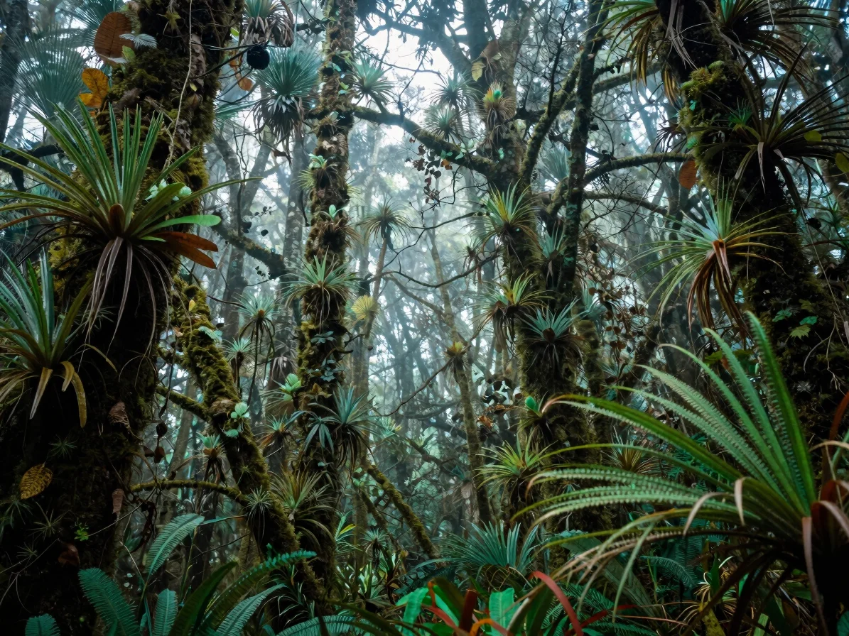 Misty, ethereal cloud forest in the Andes, rich with epiphytes an