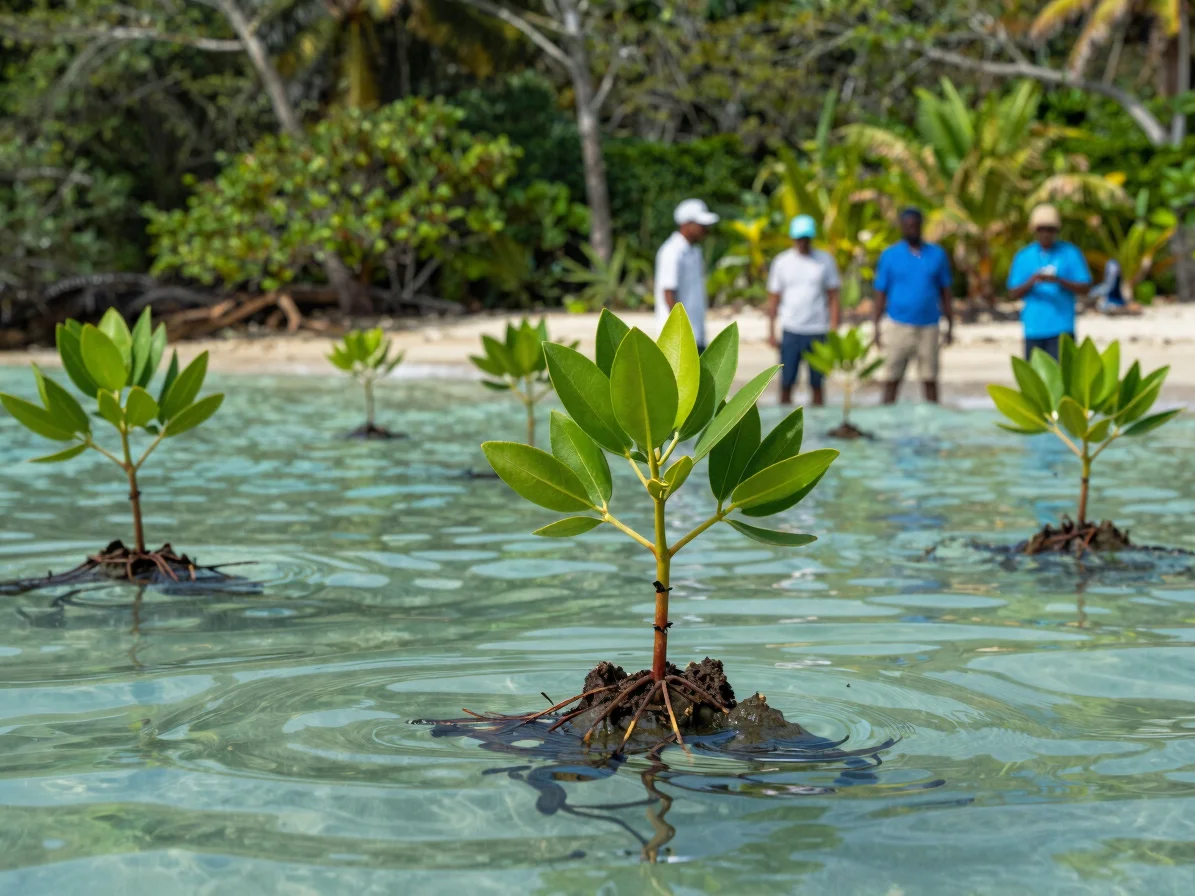 Close-up of young mangrove saplings being planted in clear Caribb