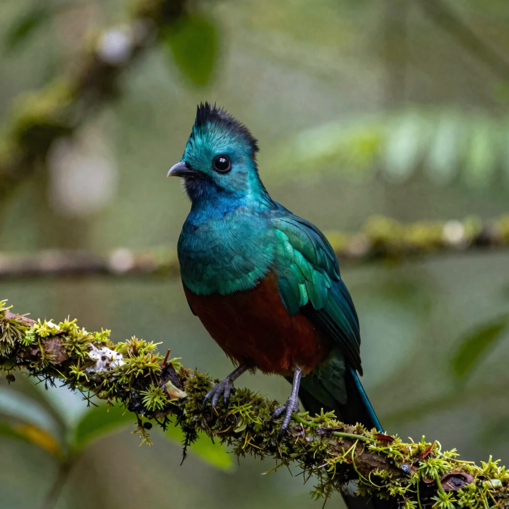 Close-up of a vibrant quetzal bird perched on a mossy branch in a cloud forest, soft natural daylight.