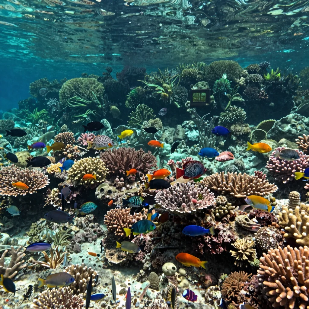 Panoramic view of a pristine coral reef teeming with colorful fish in the Caribbean Sea, clear water.