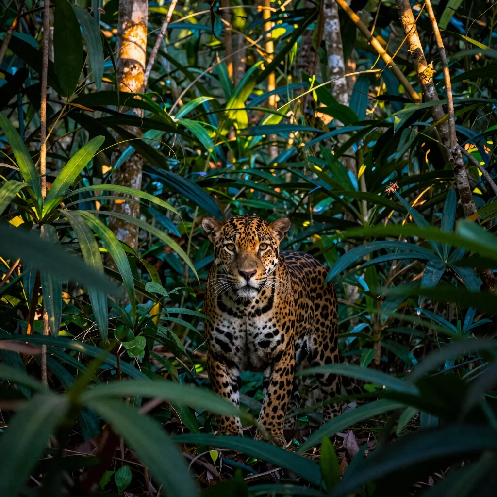 Golden-hour shot of a jaguar camouflaged in dense jungle foliage, focused eyes.