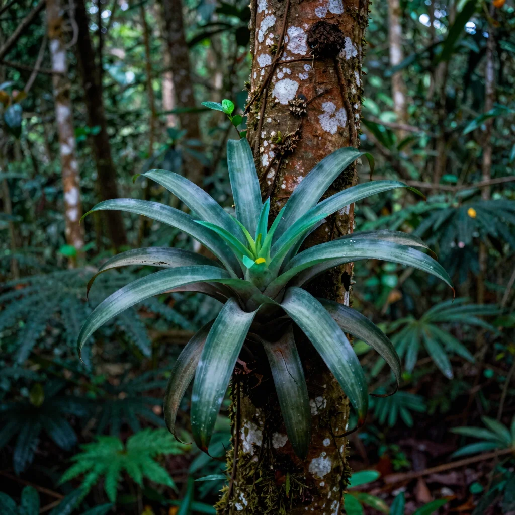 Detailed shot of a rare bromeliad growing on a tree trunk in a tropical rainforest.