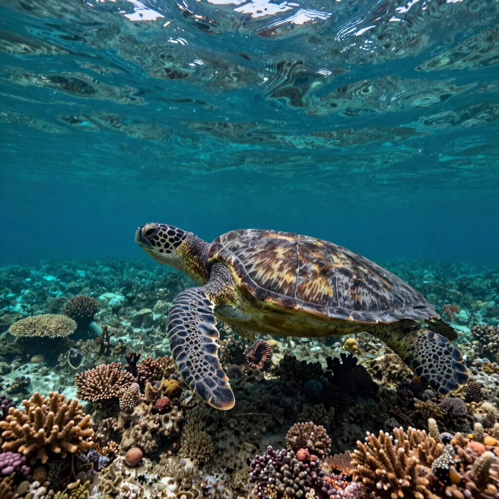 A sea turtle gracefully swimming through sun-dappled ocean waters near a coral formation.
