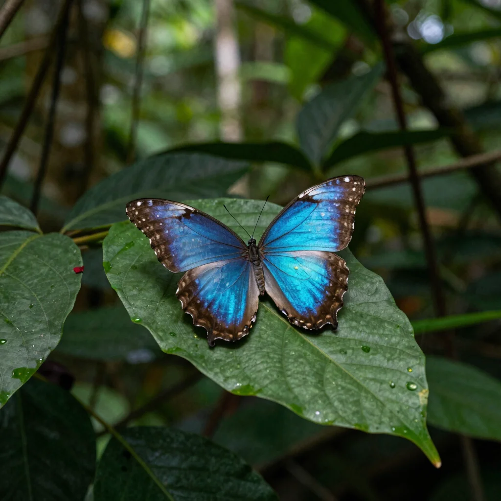 A vibrant blue morpho butterfly resting on a large green leaf in a sun-dappled forest.